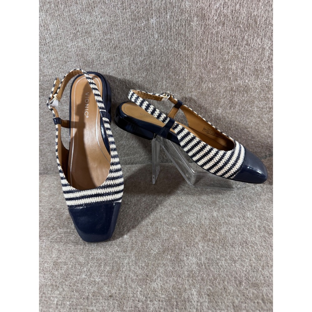 Vionic Petaluma Slingback Flats Women 7 Navy Stripe Patent Cap Toe Orthotic